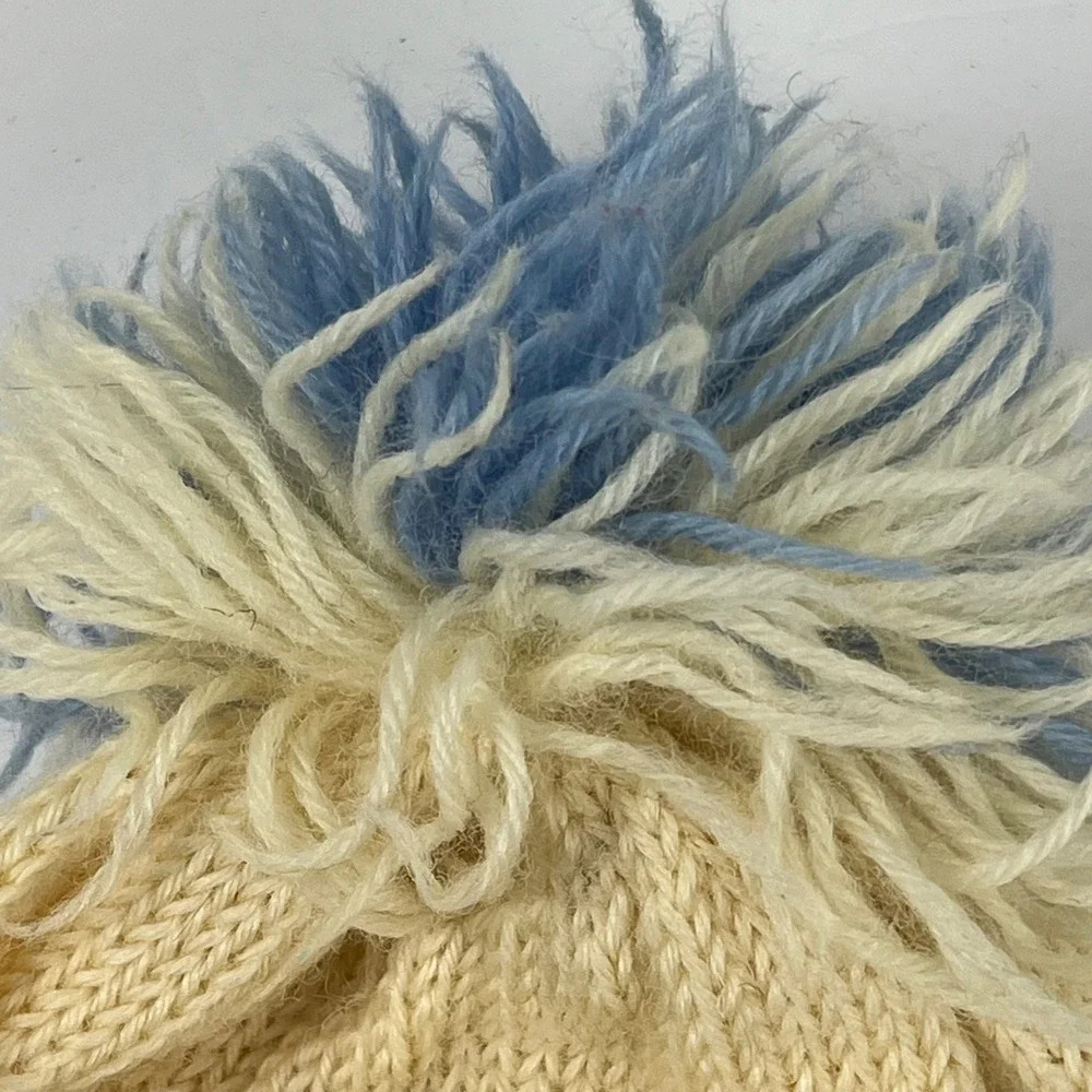Kids Reindeer Fair Isle Knit Beanie‎ Cream Blue Pom Pom Winter Hat Handcrafted